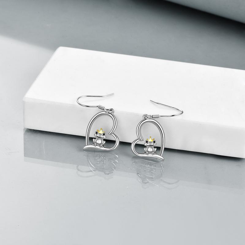 Sterling Silver Heart Crown Frog Dangle Drop Earrings for Women Mom